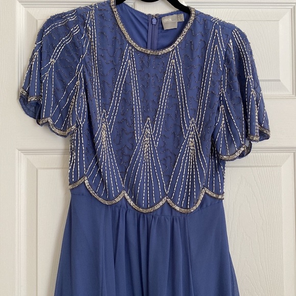 ASOS beaded vintage style tulle dress scallop edge design blue and silver sz 4 - Picture 6 of 14